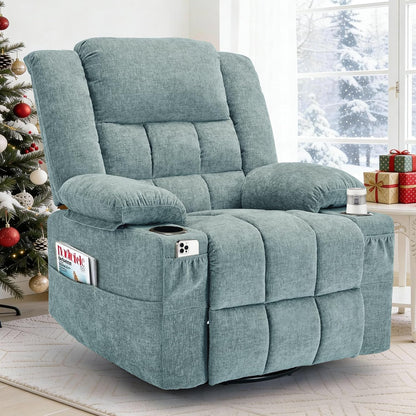 Korser 360° Swivel Rocker Recliner for Adults, Nursery Glider Recliner with Massage and Heating, Rocking Chair with Cup Holder, Manual Recliner Chair for Living Room, Bedroom (Fabric, Beige)