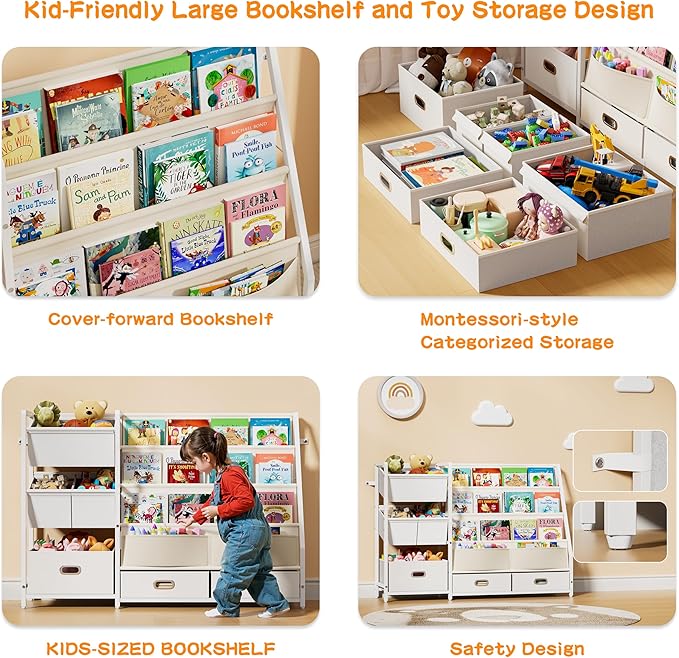 HAVLOTII Kids Bookshelf and Toy Storage - Book Shelf for Kids Rooms, Toddler Bookshelves Baby Bookcase for Nursery, Montessori Toy Organizer, 6 Toy Bins for Kids Toy Storage