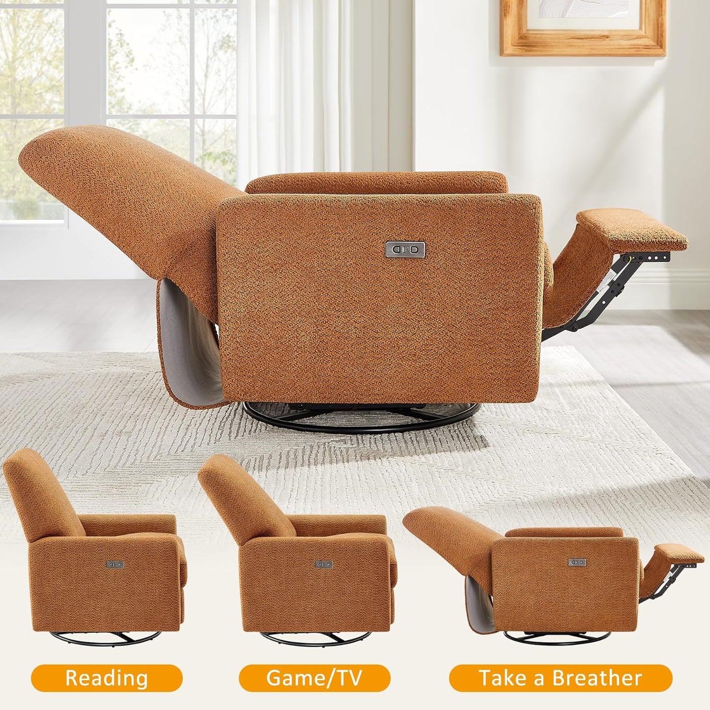 VANOMi Power Swivel Glider Recliner Chair, Electric Nursery Rocker Recliner Chair, USB & Type-C Charger, Boucle White