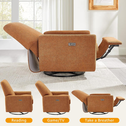 VANOMi Power Swivel Glider Recliner Chair, Electric Nursery Rocker Recliner Chair, USB & Type-C Charger, Boucle White