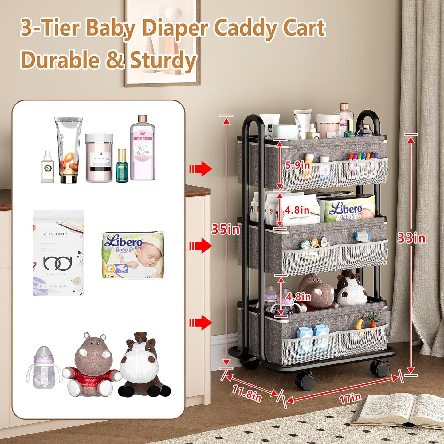3-Tier Baby Diaper Caddy Organizer Cart, Mobile Nursery Storage Carts with Wheels, 3 Dividers & 6 Mesh Pockets Durable Metal Utility Cart for Nursery, Bedroom, Bathroom, Baby Essentials Organization
