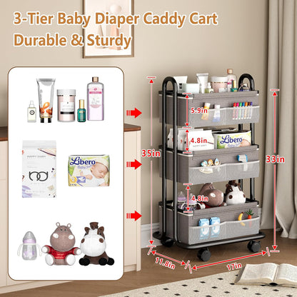 3-Tier Baby Diaper Caddy Organizer Cart, Mobile Nursery Storage Carts with Wheels, 3 Dividers & 6 Mesh Pockets Durable Metal Utility Cart for Nursery, Bedroom, Bathroom, Baby Essentials Organization