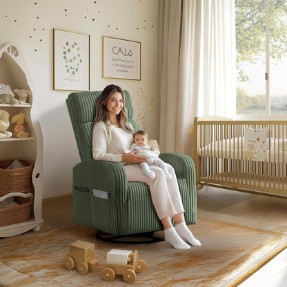 Yaheetech 360° Swivel Glider Chair for Nursery, Rocking Chair Nursing Chair with Side Pockets, Corduroy Glider for Living Room with High Back Beige