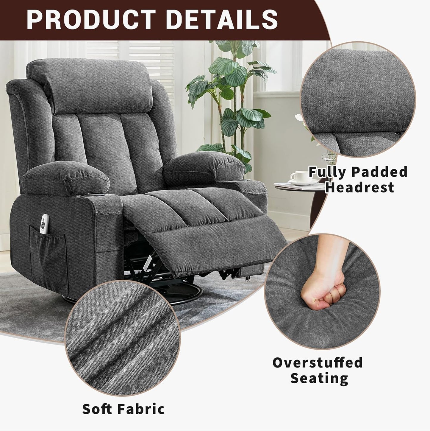GarveeLife Rocking Recliner Chair for Nursery Glider Recliner with Cup Holder Swivel Rocker with Upholstered Deep Seat Comfy Single Sofa for Living Room Grey