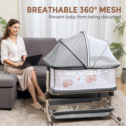 Baby Bassinet, Bedside Sleeper for Newborns Convertible Co-Sleeper Crib with Breathable Mesh, 6-Level Height Adjustment, Built-In Storage, Foldable Portable Bassinet for Home or Travel, Pink & Purple
