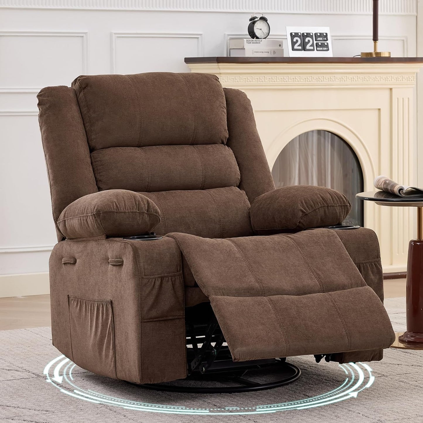 GarveeHome 360° Swivel Recliner Chair for Adult, Linen Rocker Chair with 3 Positions/2 Side Pockets/Cup Holders, Manual Nursery Glider Rocking Chair for Bedroom Living Room Office