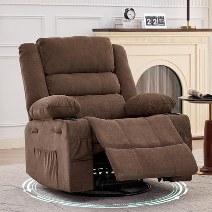 GarveeHome 360° Swivel Recliner Chair for Adult, Linen Rocker Chair with 3 Positions/2 Side Pockets/Cup Holders, Manual Nursery Glider Rocking Chair for Bedroom Living Room Office
