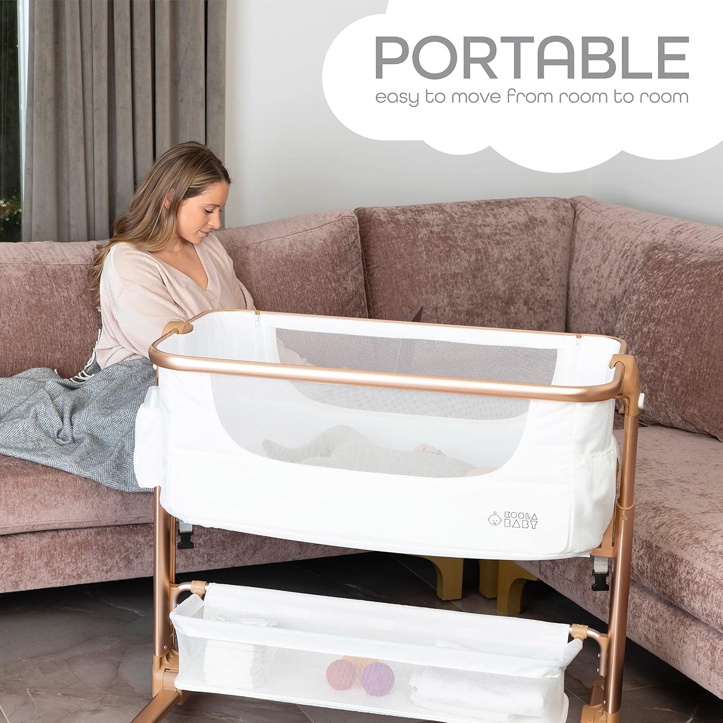 KoolerThings Baby Bassinet, Bedside Sleeper for Baby, Easy Folding Portable Crib with Storage Basket for Newborn, Bedside Bassinet, Comfy Mattress/Travel Bag Included (Bassinet) (Grey)