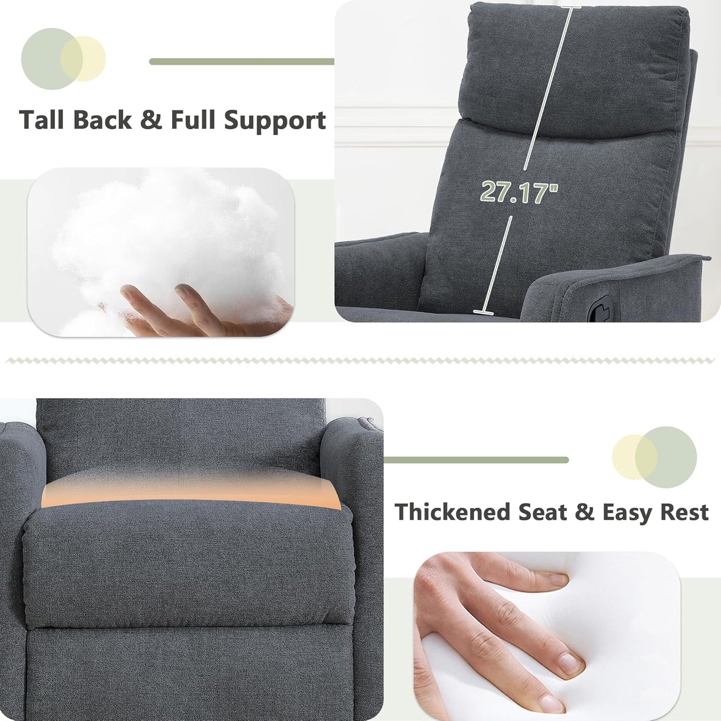 cinkehome Swivel Rocker Recliner, Glider Rocker Recliner Chair for Nursery, Manual Reclining Chair with Heated Massage, Small Spaces, Living Room, Khaki Chenille