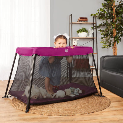 Dream On Me Travel Light Baby Playard with Zipper Access Door, Breathable Mesh Sides with Soft Comfortable Mattress, Easy Fold Design with Travel Carry Bag, Compact Space Saving Design - Grey