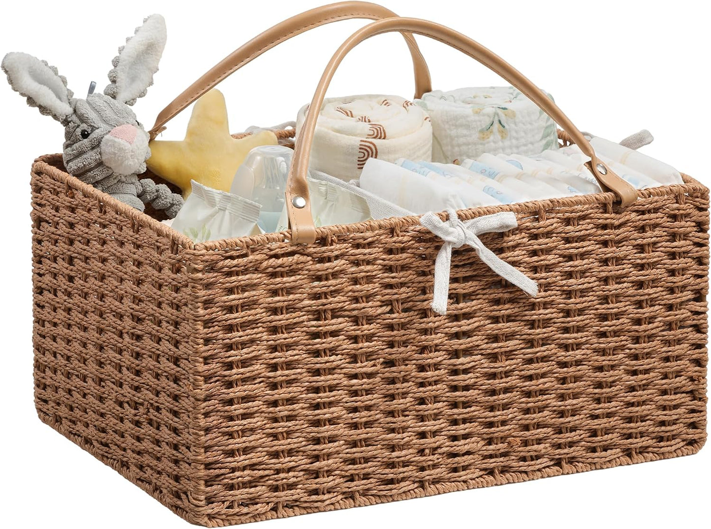 Angelhood Large Paper Rope Diaper Caddy, Baby Essentials Organizer, Portable Baby Shower Baskets Gift Bin, Car Storage Bag for Nursery