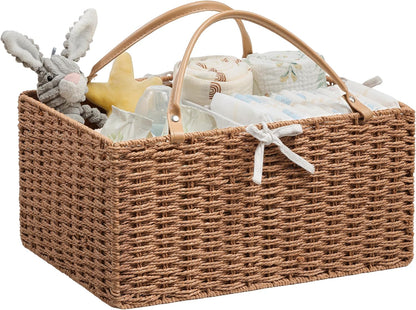 Angelhood Large Paper Rope Diaper Caddy, Baby Essentials Organizer, Portable Baby Shower Baskets Gift Bin, Car Storage Bag for Nursery