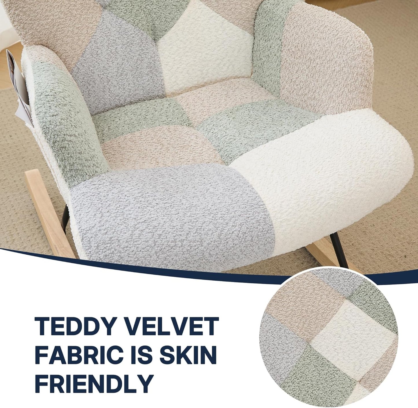 Nursery Rocking Chair Teddy Upholstered Glider Rocker Rocker Accent Chair with High Backrest Armchair Comfy Side Pocket Modern Rocking Accent Chairs for Living Room, Nursery, Office-Green
