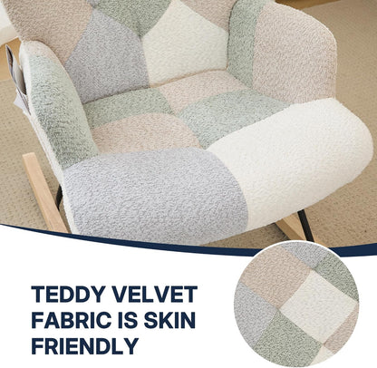 Nursery Rocking Chair Teddy Upholstered Glider Rocker Rocker Accent Chair with High Backrest Armchair Comfy Side Pocket Modern Rocking Accent Chairs for Living Room, Nursery, Office-Green