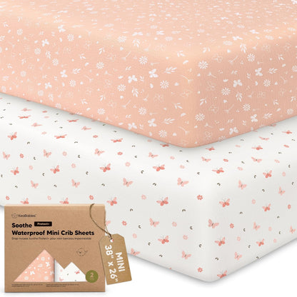 2 Pack and Play Sheets, Waterproof Mini Crib Sheets Fitted - 38x26 Organic Cotton Pack N Play Sheets for Graco Pack and Play Mattress, Playard Baby Crib Sheets,Neutral for Boy,Girl,Toddler(KeaSafari)