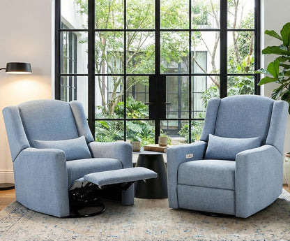 Power Glider Recliner Nursery Chair w/USB Ports, Soft Chenille Glider Rocking Chair with Ottoman, Swivel Glider Chair with Lumbar Pillow for for Nursery, Blue