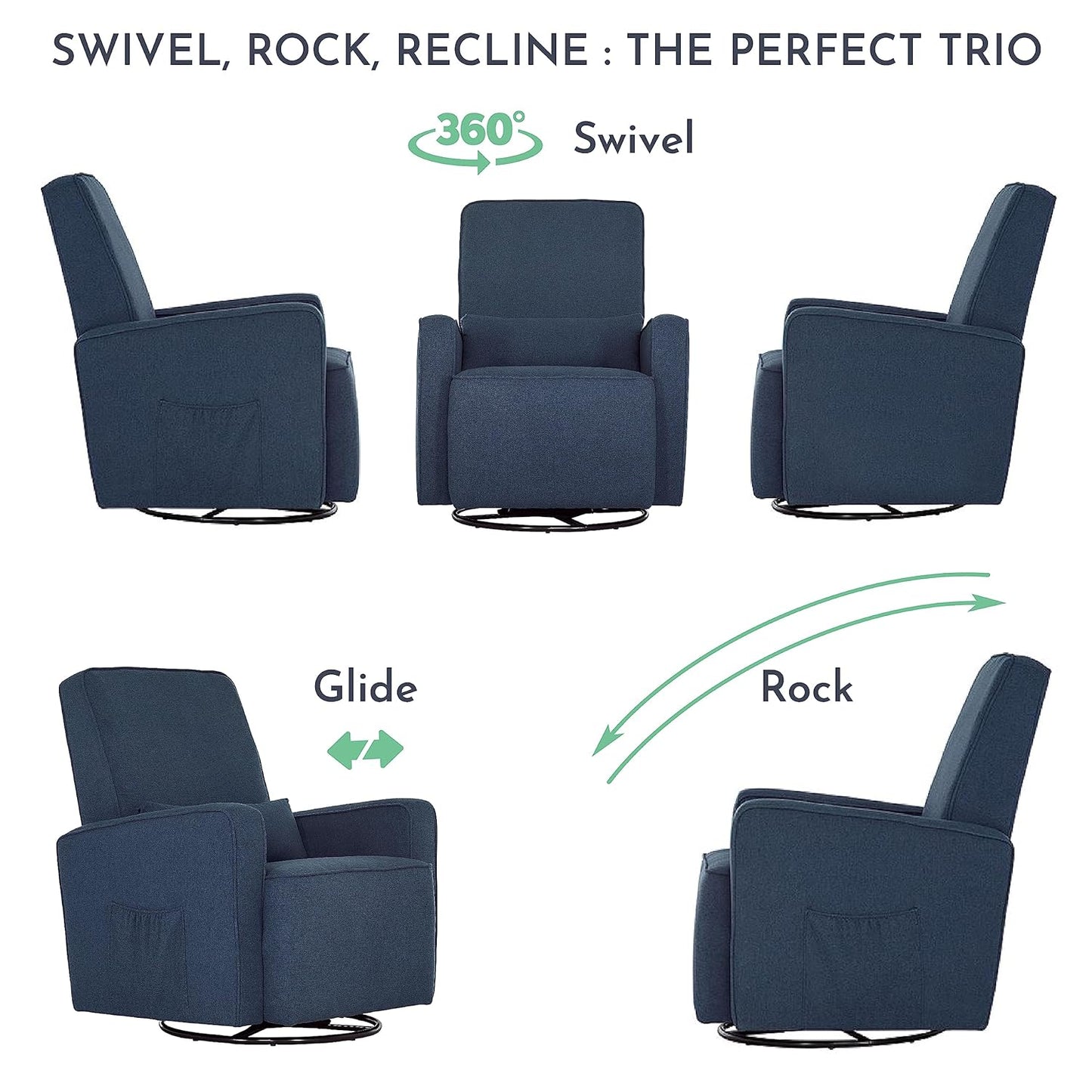 Evolur Holland Upholstered Plush Seating Glider Swivel, Glider Chair for Nursery in Harbor, Modern Nursery Glider, Tool-Free Assembly, Easy to Clean, Environmentally Conscious Glider