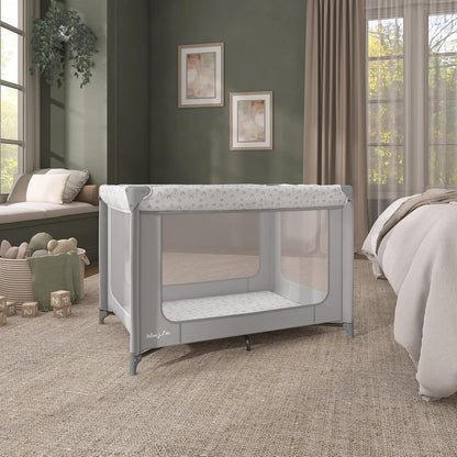 Dream On Me Zodiak Baby Playard, Breathable Mesh Sides, Soft Comfortable Mattress, Quick & Easy to Fold with Travel Carry Bag, Compact Space Saving Design - Grey/Green