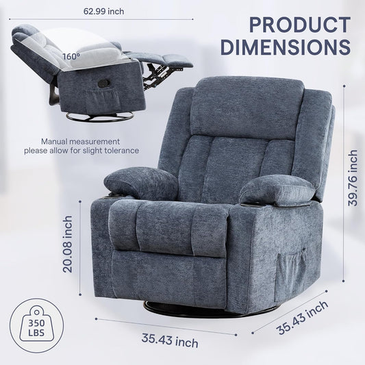 Swivel Rocker Recliner Chair, Lazy Boy Recliner with Cup Holders, 360 Degree Rotating Nursery Rocking Chair, Manual Glider Recliner for Living Room (1, Yellow)