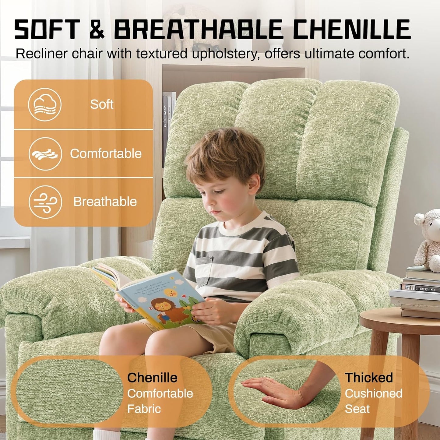 Korser Recliner Chair, Swivel Rocker Recliner Chair for Adults, Small Recliners for Small Spaces, Upholstered Manual Recliner with Side Pockets, Nursery Rocking Chair for Living Room, Chenille, Beige