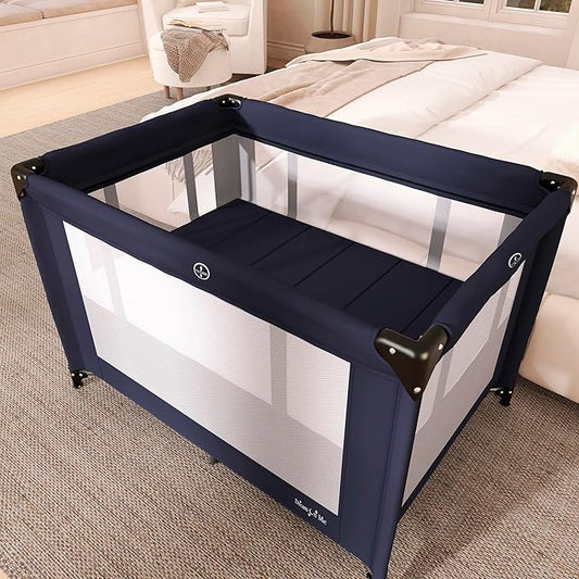 Dream On Me Zazzy Portable Playard with Bassinet - 360° Mesh Visibility, Quick Folding Travel Friendly Design, Carry Bag and Foldable Mattress Pad Included, Compact and Lightweight - Navy