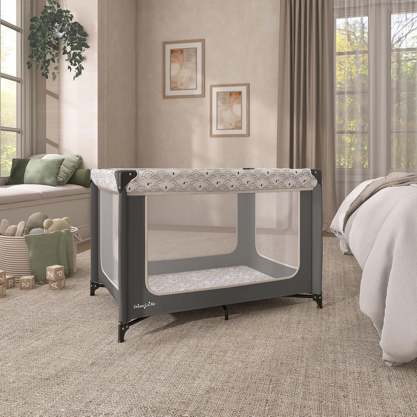 Dream On Me Zodiak Baby Playard, Breathable Mesh Sides, Soft Comfortable Mattress, Quick & Easy to Fold with Travel Carry Bag, Compact Space Saving Design - Grey/Green