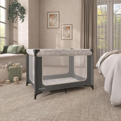 Dream On Me Zodiak Baby Playard, Breathable Mesh Sides, Soft Comfortable Mattress, Quick & Easy to Fold with Travel Carry Bag, Compact Space Saving Design - Grey/Green