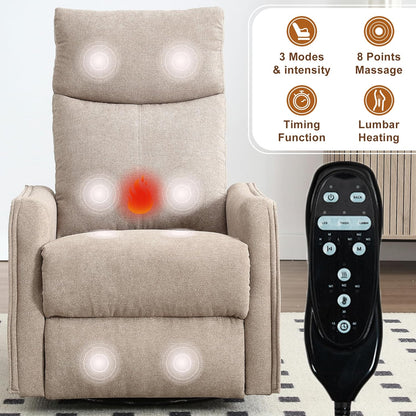 cinkehome Swivel Rocker Recliner, Glider Rocker Recliner Chair for Nursery, Manual Reclining Chair with Heated Massage, Small Spaces, Living Room, Khaki Chenille