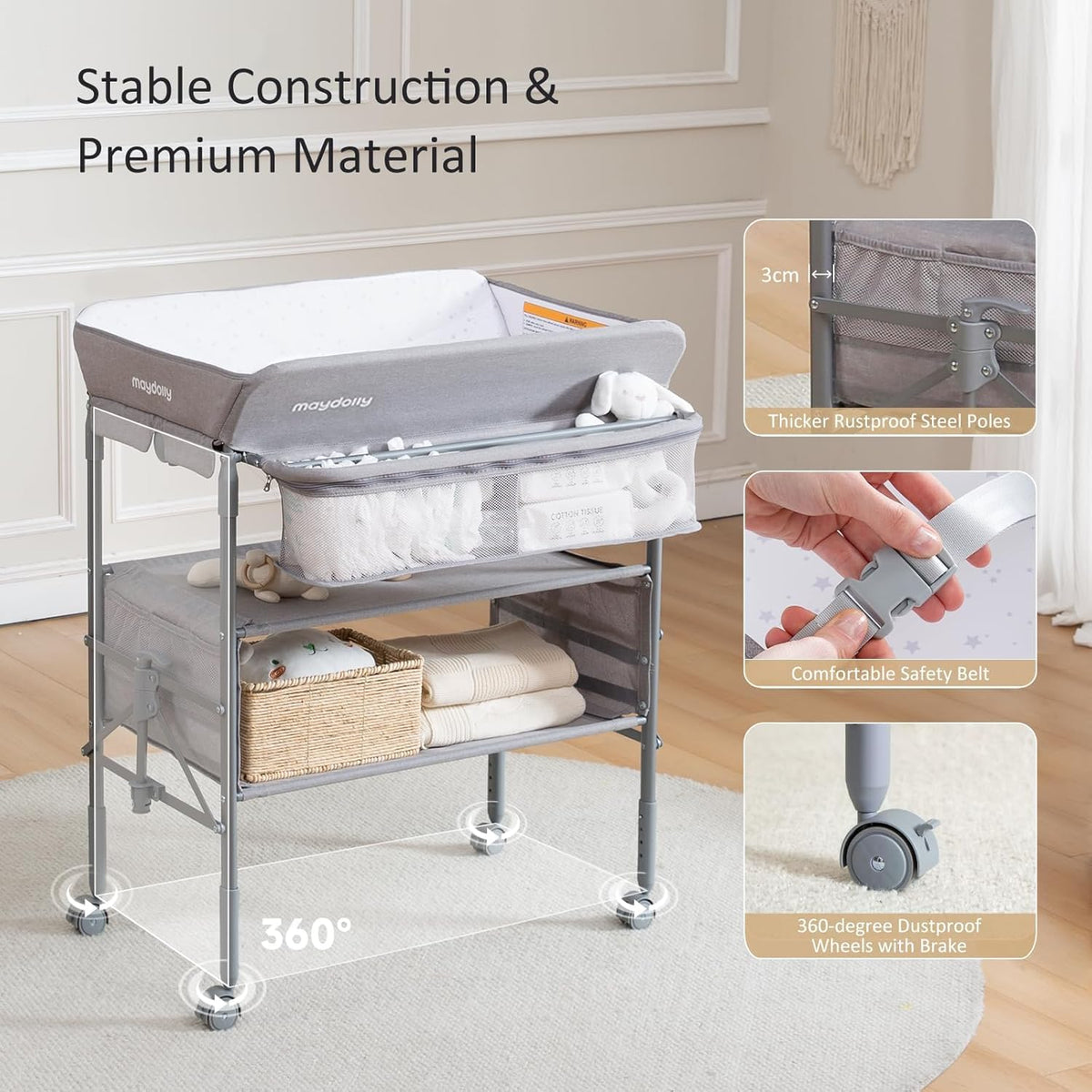 Baby Changing Table, Portable Foldable Changing Table, Waterproof Diaper Changing Station, Adjustable Height Changing Station, Mobile Nursery for Newborn and Infant