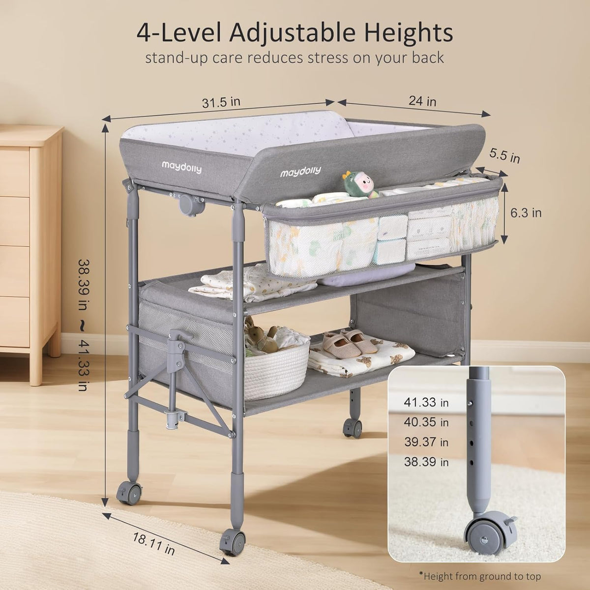 Baby Changing Table, Portable Foldable Changing Table, Waterproof Diaper Changing Station, Adjustable Height Changing Station, Mobile Nursery for Newborn and Infant