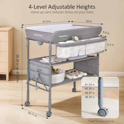 Baby Changing Table, Portable Foldable Changing Table, Waterproof Diaper Changing Station, Adjustable Height Changing Station, Mobile Nursery for Newborn and Infant