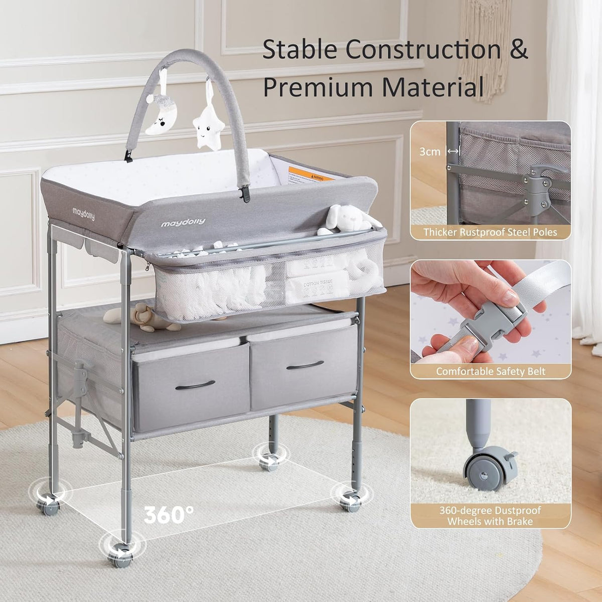Baby Changing Table, Portable Foldable Changing Table, Waterproof Diaper Changing Station, Adjustable Height Changing Station, Mobile Nursery for Newborn and Infant