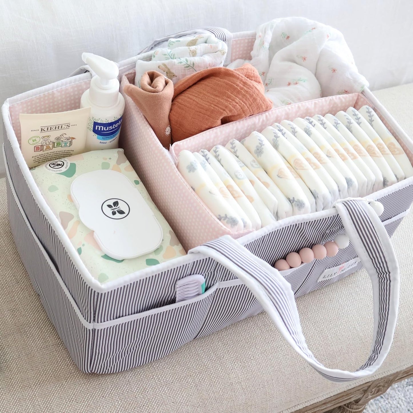 Lily Miles Baby Diaper Caddy Organizer - Large Tote Bag for Newborn essentials Boy or Girl - Baby Shower Basket - Nursery Must Haves - Registry Favorites - Newborn Caddie Car Organizer