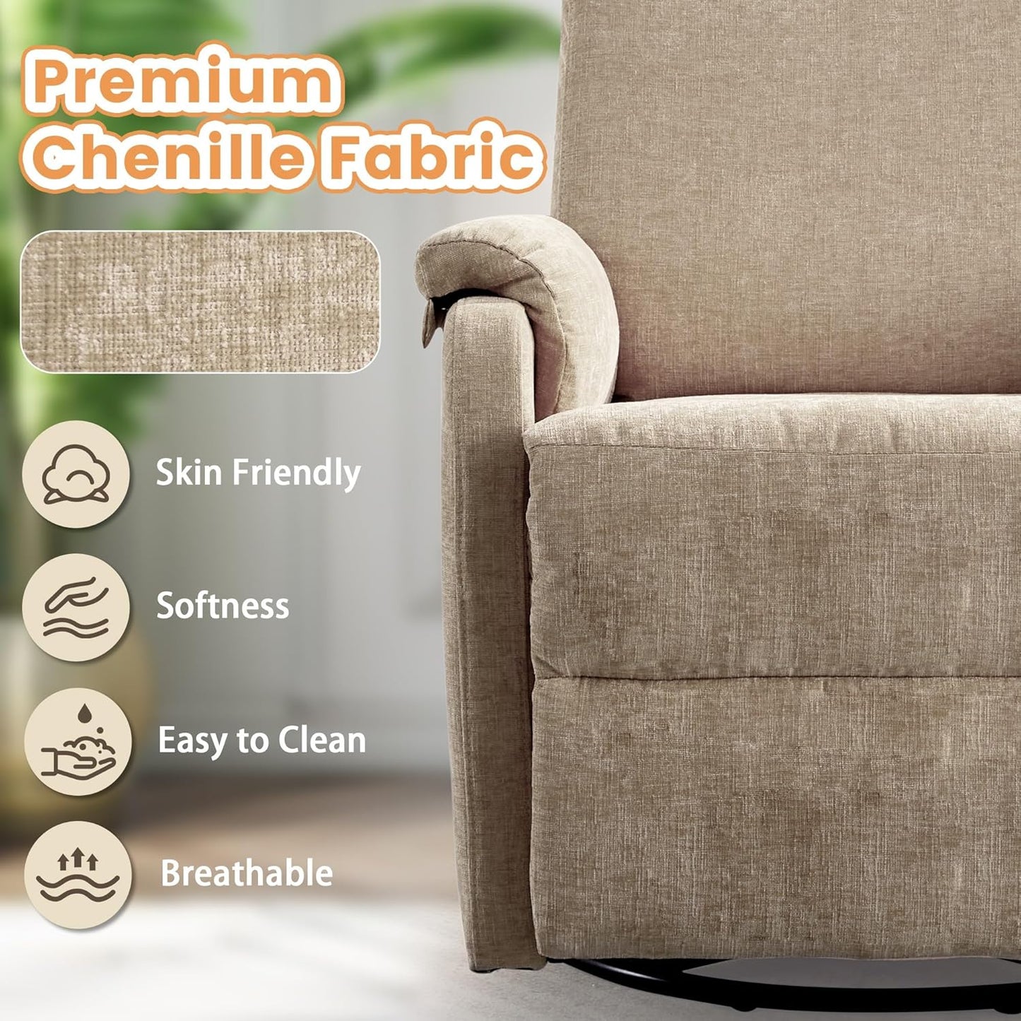 Korser Recliner Chair, Swivel Rocking Recliner Chair for Adults, Glider Rocking Chair, Small Nursery Chair Recliner for Living Room, Reclining Chair with Modern-Designed Armrests, Chenille, Beige