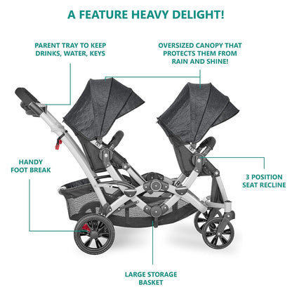 Dream On Me Track Tandem Double Umbrella Stroller in Slate, Lightweight Double Stroller for Infant and Toddler, Multi-Position Reversible & Reclining Seats, Large Storage Basket and Canopy