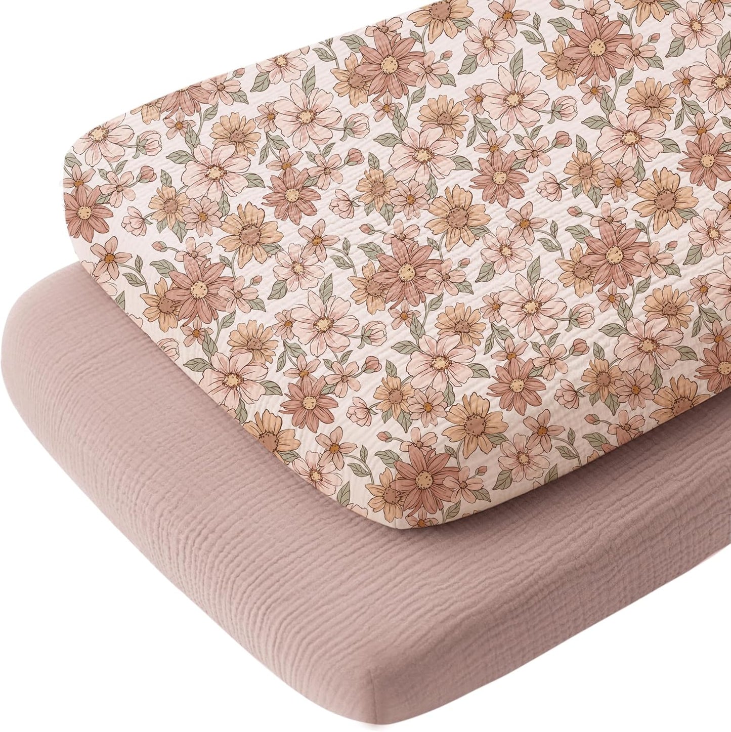 Konssy Muslin Fitted Bassinet Sheets 2 Pack for Baby Girl Boy, Soft Bedside Sleeper Bassinet Sheets Fit for Baby Bassinets, Moses Basket Oval Rectangle Pad/Mattress