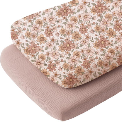 Konssy Muslin Fitted Bassinet Sheets 2 Pack for Baby Girl Boy, Soft Bedside Sleeper Bassinet Sheets Fit for Baby Bassinets, Moses Basket Oval Rectangle Pad/Mattress
