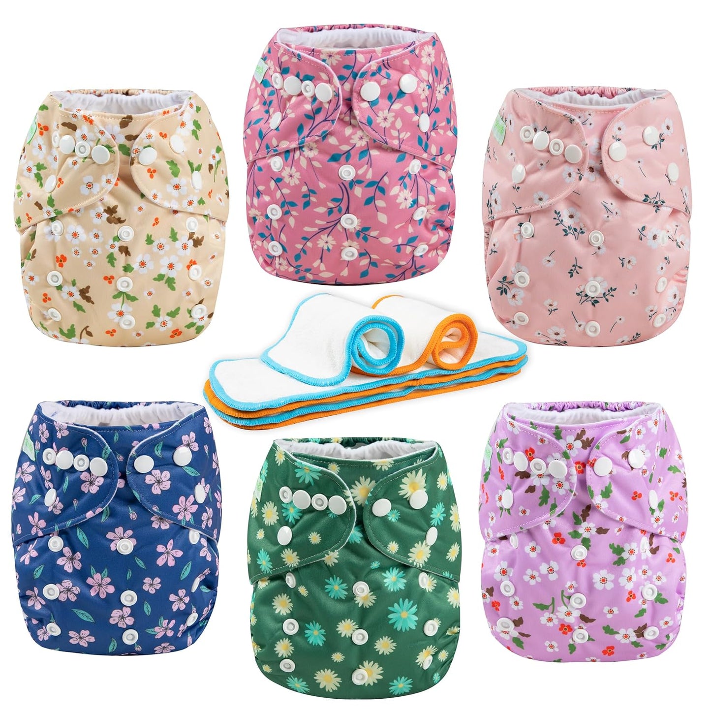wegreeco Cloth Diapers 6 Pack with 6 Inserts & 1 Wet Bag, Washable Cloth Diapers for Babies, One Size Adjustable Reusable (Flower)