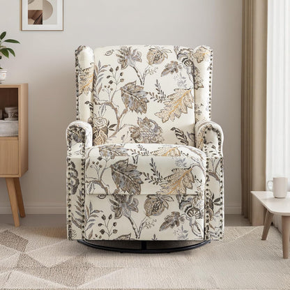 Swivel Rocker Recliner Chair, Manual Nursery Glider Recliner, Floral Fabric Wingback Accent Chair with Adjustable Backrest & Footrest for Small Spaces Living Room Bedroom (Plants Floral, Set of 1)