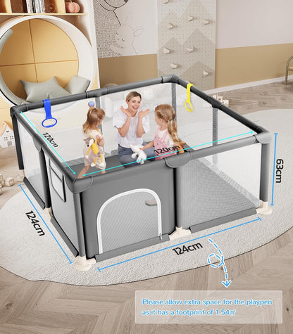 Dripex Baby Playpen, 47"x47" Small Playpen for Babies, Enhanced Safety Baby Play Yard for Indoor & Outdoor, Infant Play Pen with Soft Breathable Visible Mesh, Anti-Fall Design & Easy Setup, Grey