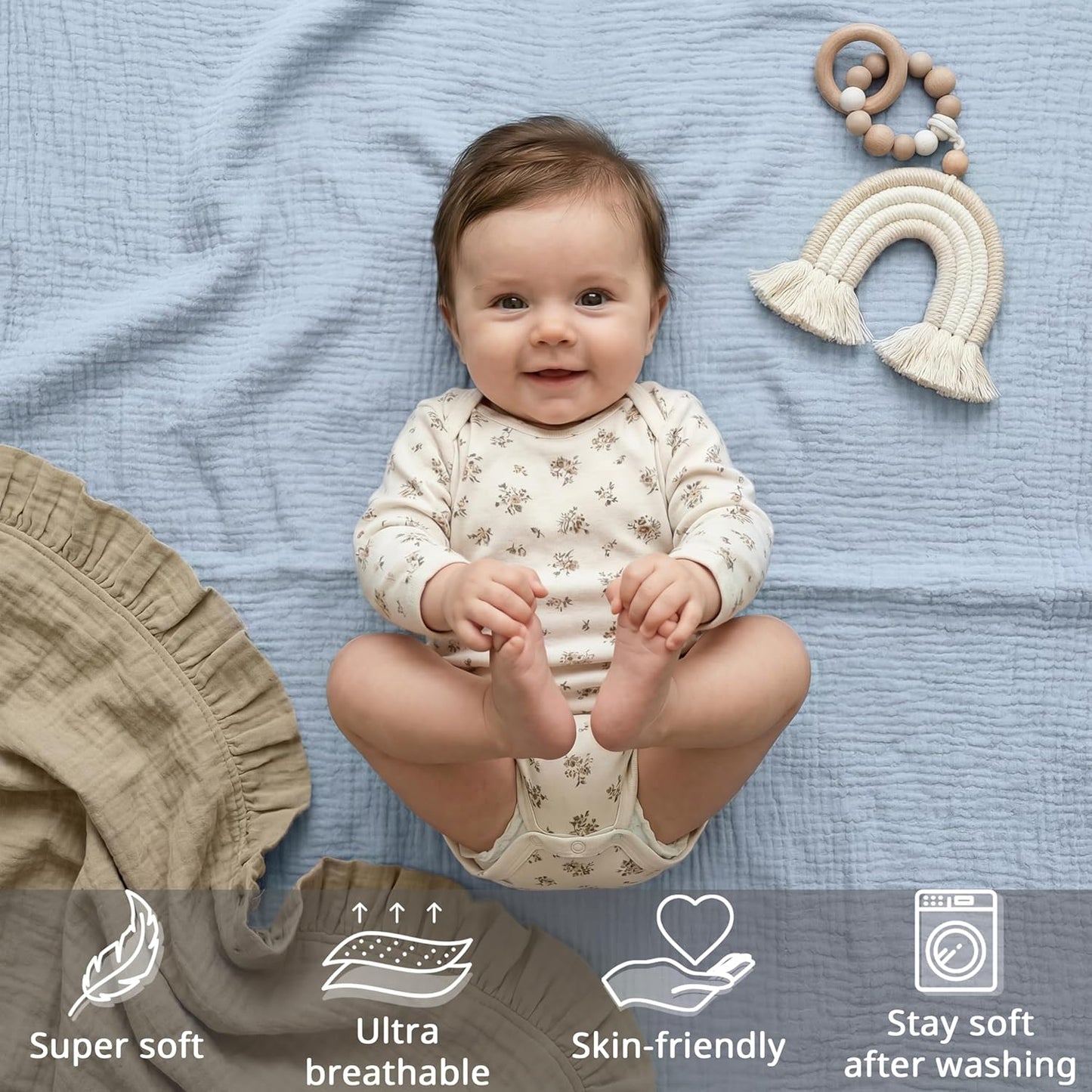 Muslin Bassinet Sheet Compatible with Maxi-COSI Iora & Iora Air Bedside Sleeper - 100% Cotton Rectangular Mattress Pad Cover (33"x20"), Breathable & Soft, Boho (1 Pack Blue)