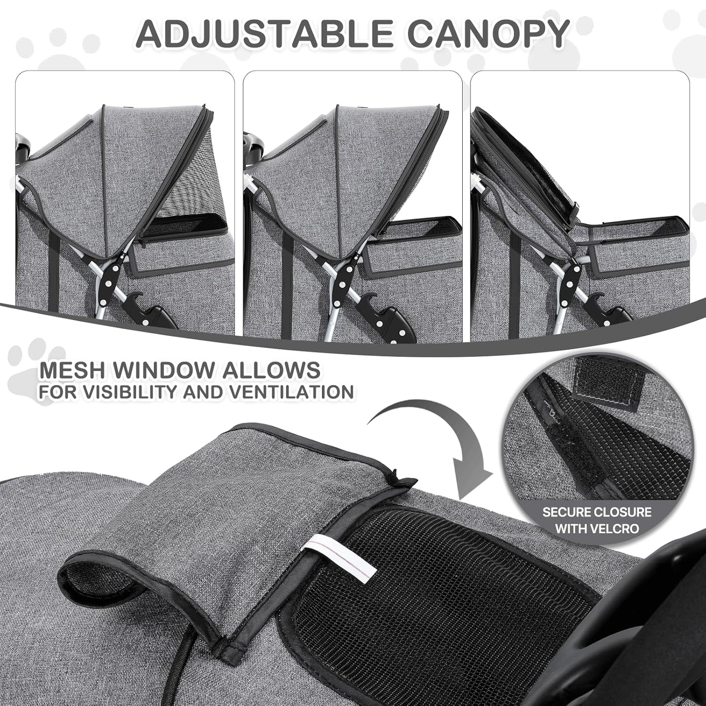 MoNiBloom Foldable Pet Stroller with Weather Cover, 3 Wheels Pet Strolling Cart for Small/Medium Dogs and Cats with Storage Basket and Cup Holder, Breathable and Visible Mesh for All-Season, Black