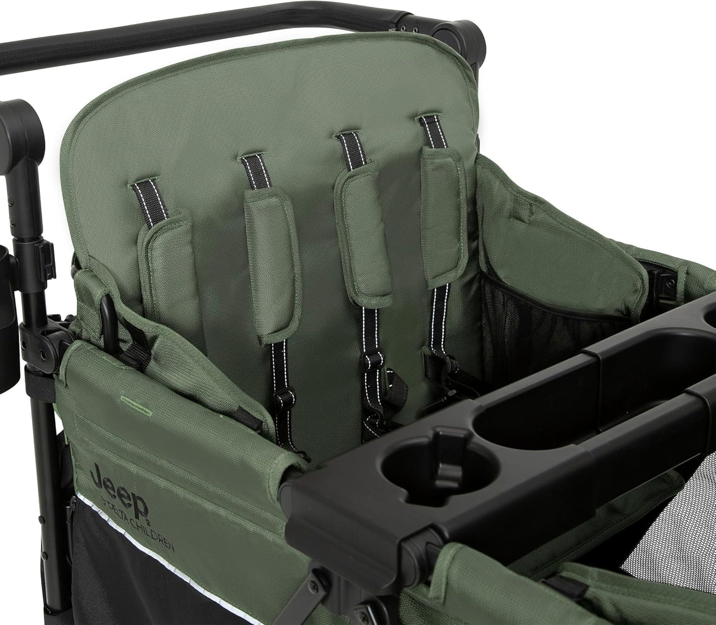 Jeep Wrangler Deluxe 4 Seater Stroller Wagon by Delta Children - Premium Quad Stroller Wagon for 4 Kids with Convertible Seats, Adjustable Push/Pull Handles, Removable Canopy & Flat Fold, Grey