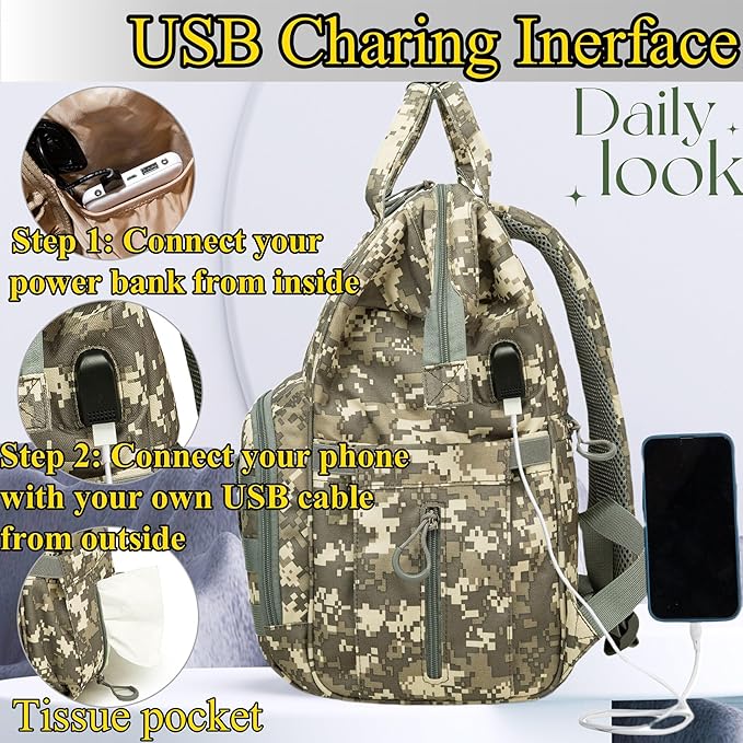 Diaper Bag Backpack for Dad and Mom with USB Charging Port Stroller Straps and Insulated Pocket,army military Travel Nappy Backpack for Daddy/Mommy (Camo)