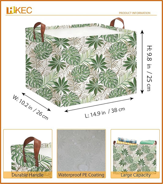 Rectangle Storage Basket with Handles,Collapsible Storage Bin,Books Box,Gift Basket(Golden Monstera)