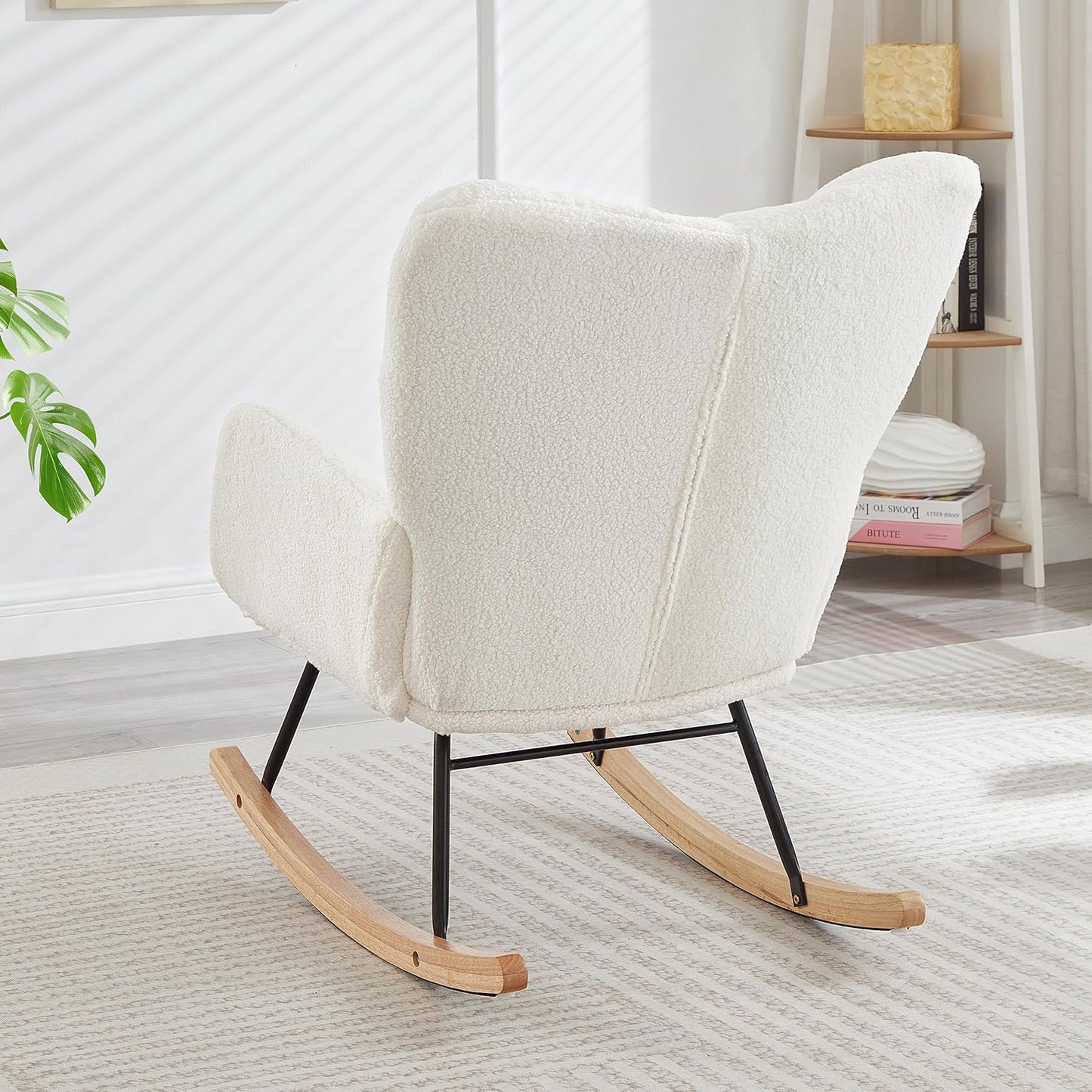 Glider Chair for Living Room & Nursery, Tufted Upholstered Teddy Rocking Chair with High Backrest & Stable Metal Frame, 300lbs Capacity, Comfy Rocker Glider for Adults & Kids, Office & Bedroom(Gray)