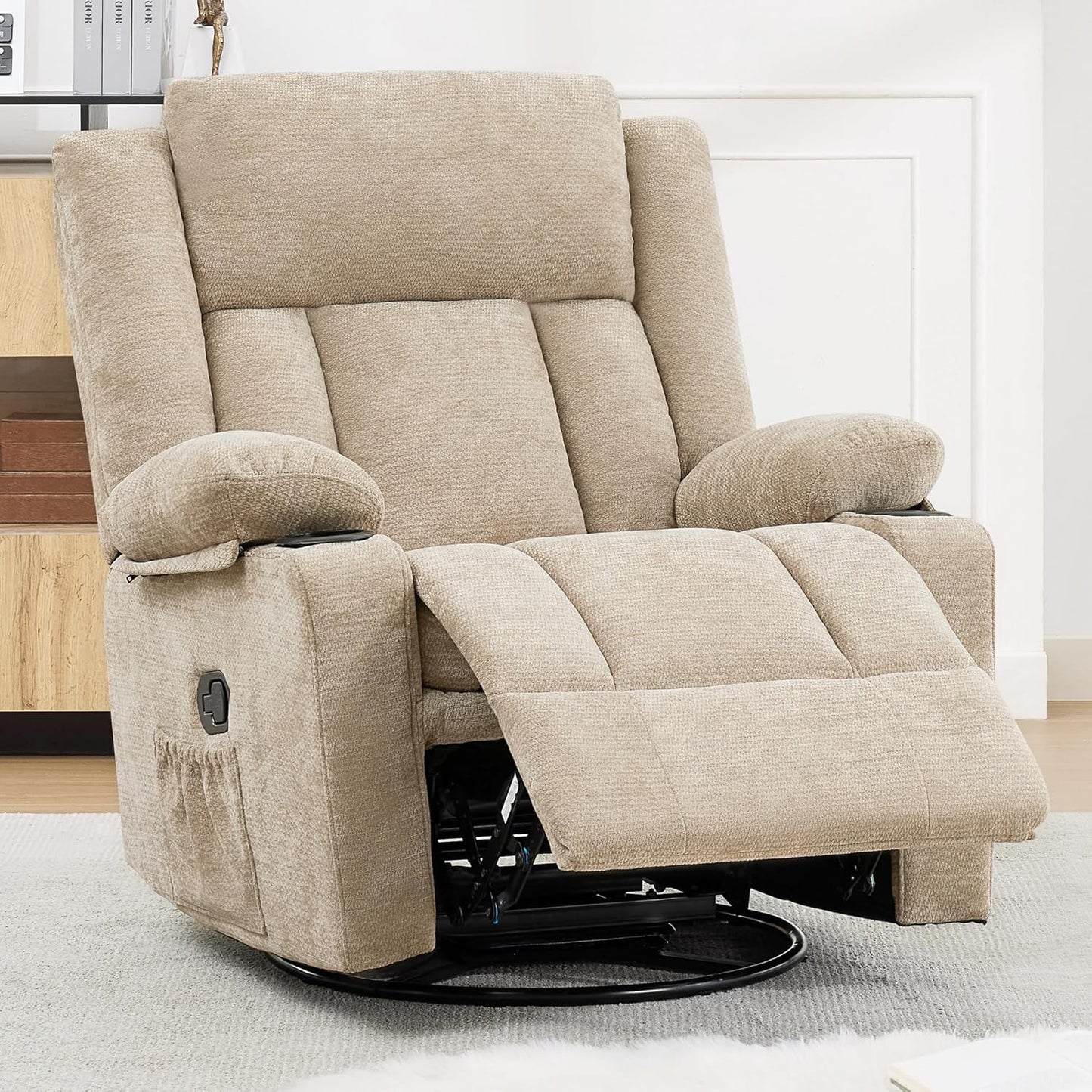 Swivel Rocker Recliner Chair, Lazy Boy Recliner with Cup Holders, 360 Degree Rotating Nursery Rocking Chair, Manual Glider Recliner for Living Room (1, Yellow)