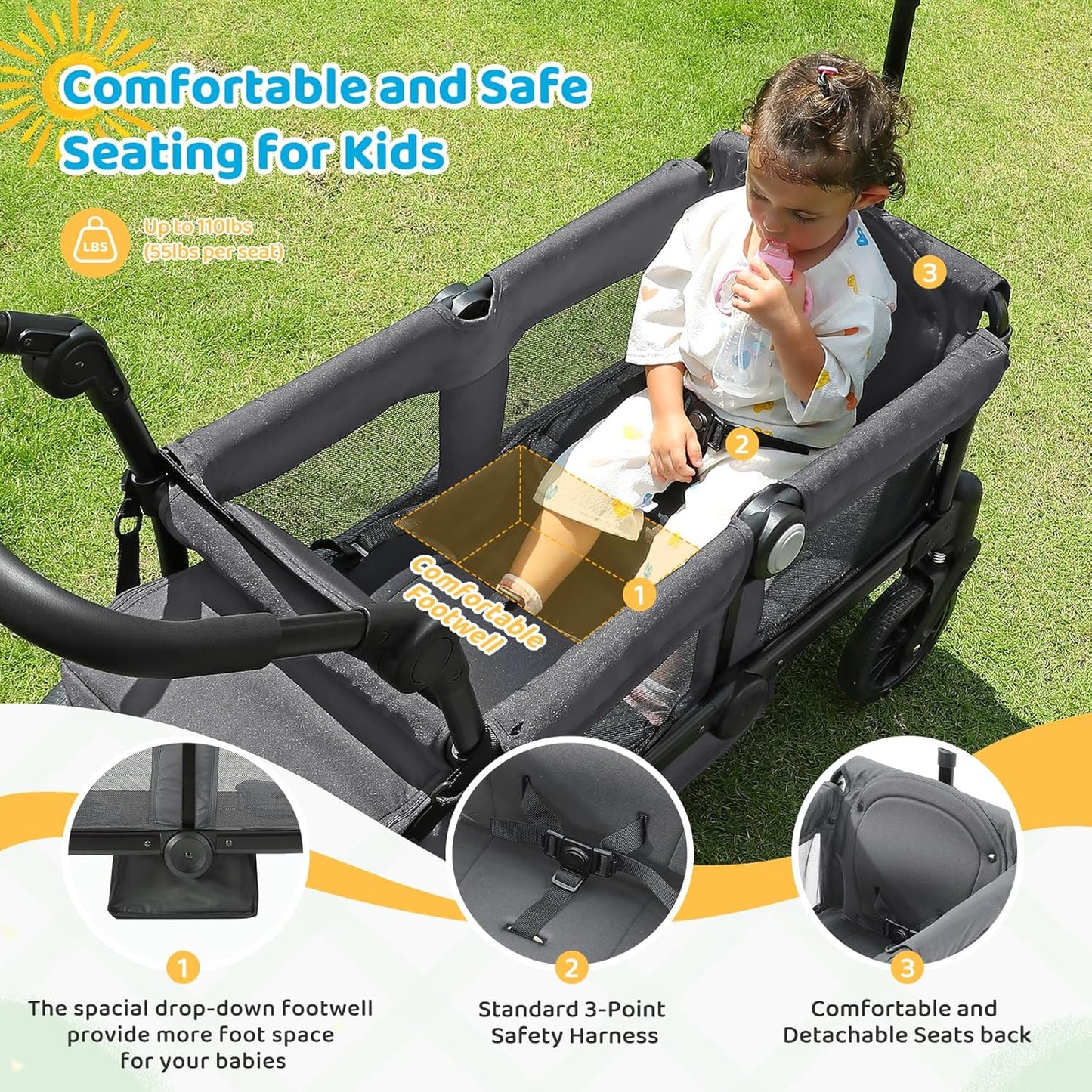ELEMARA Stroller Wagon, 2 Seat Stroller for 2 Kids, Premium All Terrain Stroller for Kids w/Removable Canopy, Adjustable Push/Pull Handle, Large Storage Bag, Black