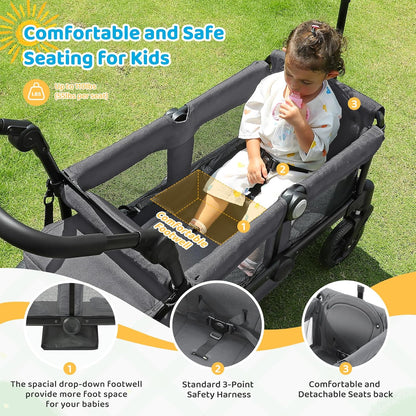 ELEMARA Stroller Wagon, 2 Seat Stroller for 2 Kids, Premium All Terrain Stroller for Kids w/Removable Canopy, Adjustable Push/Pull Handle, Large Storage Bag, Black