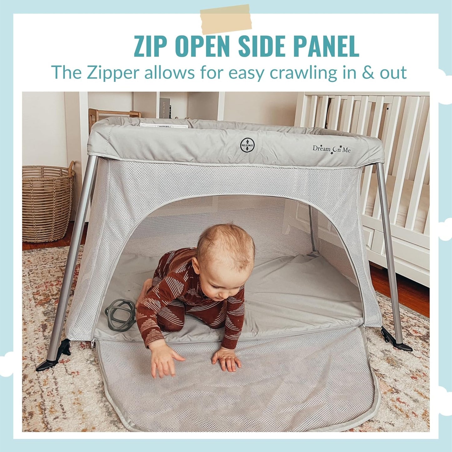 Dream On Me Travel Light Baby Playard with Zipper Access Door, Breathable Mesh Sides with Soft Comfortable Mattress, Easy Fold Design with Travel Carry Bag, Compact Space Saving Design - Grey